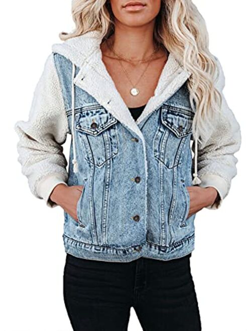 Sidefeel Womens Long Sleeve Button Up Denim Jackets Patchwork Fleece Hooded Coat with Pockets