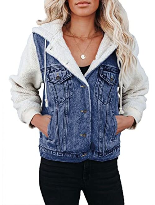 Sidefeel Womens Long Sleeve Button Up Denim Jackets Patchwork Fleece Hooded Coat with Pockets