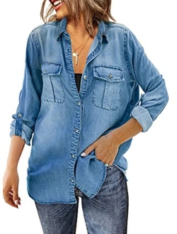 Sidefeel Women Long Sleeve Button Denim Jacket Distressed Ripped Jean Coat