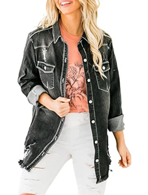 Sidefeel Women Long Sleeve Button Denim Jacket Distressed Ripped Jean Coat