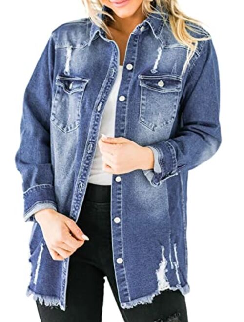 Sidefeel Women Long Sleeve Button Denim Jacket Distressed Ripped Jean Coat