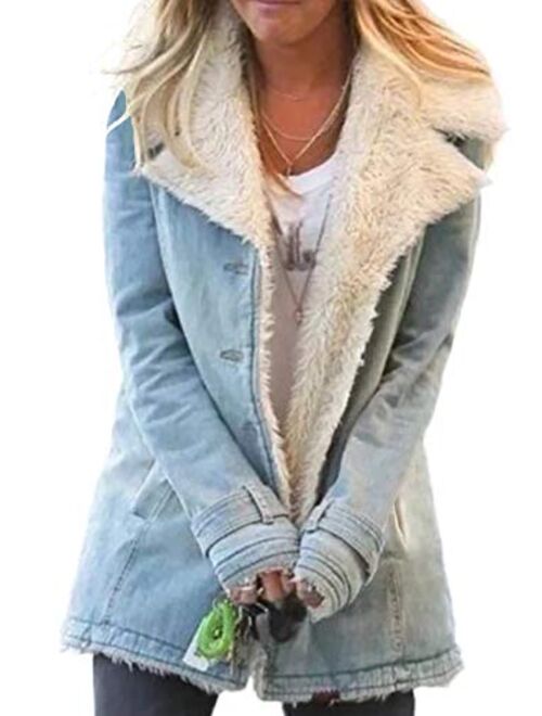 Sidefeel Women Denim Faux Fur Long Sleeve Lapel Collar Oversized Coat Outwear