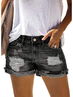 Sidefeel Women Mid Rise Distressed Cuffed Rolled Hem Casual Denim Jeans Shorts