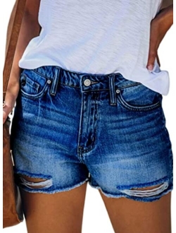 Sidefeel Women Mid Rise Distressed Cuffed Rolled Hem Casual Denim Jeans Shorts