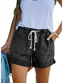 Sidefeel Womens Casual Elastic Waist Rolled Hem Denim Shorts Drawstring Loose Fit Jean Shorts