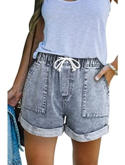 Sidefeel Womens Casual Elastic Waist Rolled Hem Denim Shorts Drawstring Loose Fit Jean Shorts