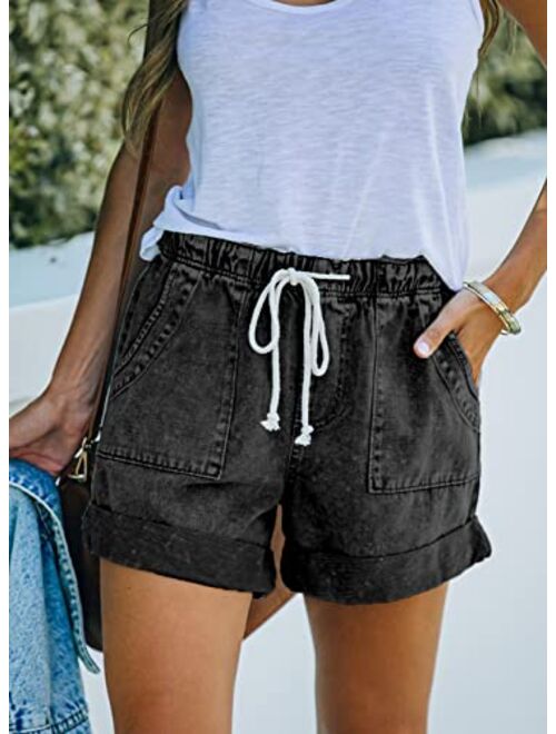 Sidefeel Womens Casual Elastic Waist Rolled Hem Denim Shorts Drawstring Loose Fit Jean Shorts