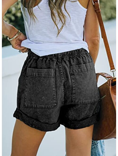 Sidefeel Womens Casual Elastic Waist Rolled Hem Denim Shorts Drawstring Loose Fit Jean Shorts