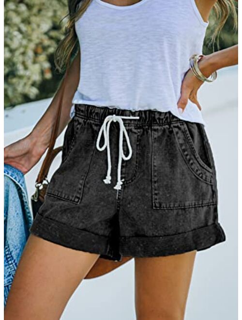 Sidefeel Womens Casual Elastic Waist Rolled Hem Denim Shorts Drawstring Loose Fit Jean Shorts