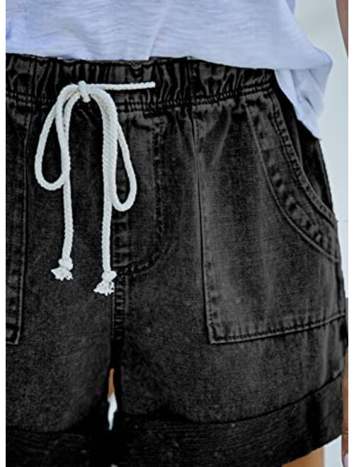 Sidefeel Womens Casual Elastic Waist Rolled Hem Denim Shorts Drawstring Loose Fit Jean Shorts