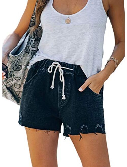 Sidefeel Womens Casual Elastic Waist Rolled Hem Denim Shorts Drawstring Loose Fit Jean Shorts