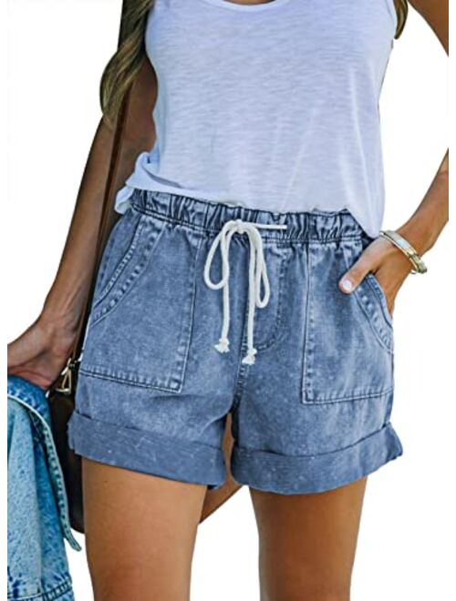 Sidefeel Womens Casual Elastic Waist Rolled Hem Denim Shorts Drawstring Loose Fit Jean Shorts