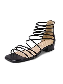 Women's Summer Casual Strappy Sandals Dressy Cute Square-Toe Comfortable Flat Shoes