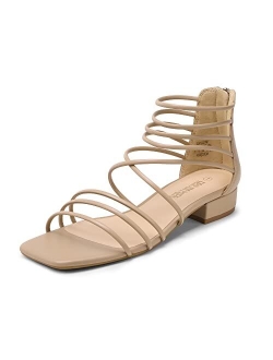 Women's Summer Casual Strappy Sandals Dressy Cute Square-Toe Comfortable Flat Shoes