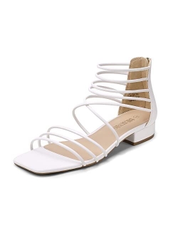 Women's Summer Casual Strappy Sandals Dressy Cute Square-Toe Comfortable Flat Shoes