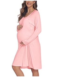 Womens Nursing/Delivery/Labor Nightgown Long Sleeve Maternity Sleepshirt for Breastfeeding with Button