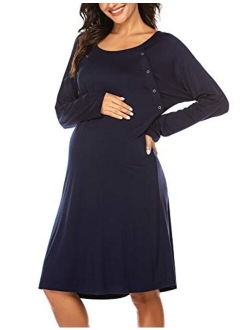 Womens Nursing/Delivery/Labor Nightgown Long Sleeve Maternity Sleepshirt for Breastfeeding with Button