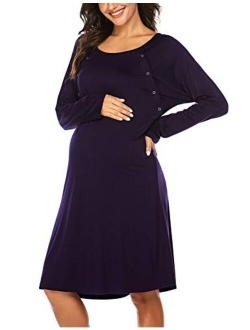 Womens Nursing/Delivery/Labor Nightgown Long Sleeve Maternity Sleepshirt for Breastfeeding with Button