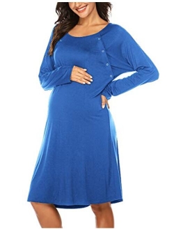 Womens Nursing/Delivery/Labor Nightgown Long Sleeve Maternity Sleepshirt for Breastfeeding with Button