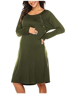 Womens Nursing/Delivery/Labor Nightgown Long Sleeve Maternity Sleepshirt for Breastfeeding with Button