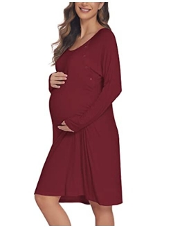 Womens Nursing/Delivery/Labor Nightgown Long Sleeve Maternity Sleepshirt for Breastfeeding with Button