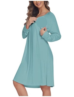 Womens Nursing/Delivery/Labor Nightgown Long Sleeve Maternity Sleepshirt for Breastfeeding with Button