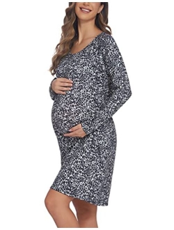 Womens Nursing/Delivery/Labor Nightgown Long Sleeve Maternity Sleepshirt for Breastfeeding with Button