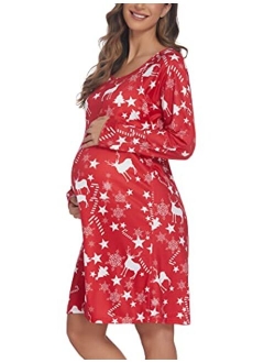 Womens Nursing/Delivery/Labor Nightgown Long Sleeve Maternity Sleepshirt for Breastfeeding with Button