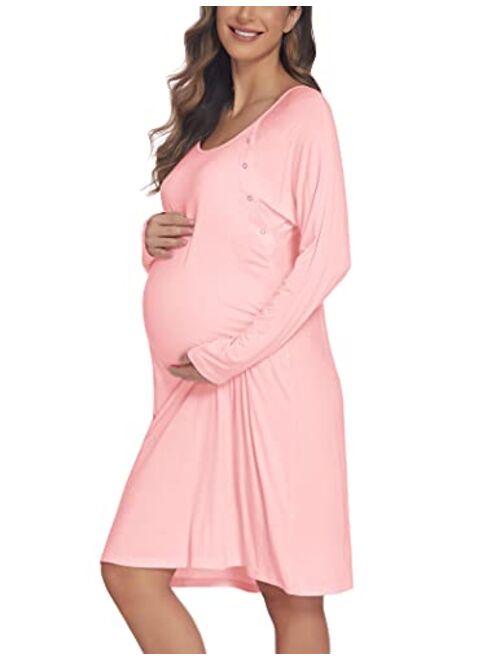 Ekouaer Women’s Nursing/Delivery/Labor Nightgown Long Sleeve Maternity Sleepshirt for Breastfeeding with Button