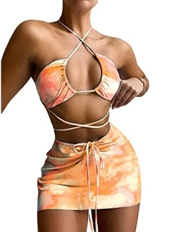 Women's 3 Pack Criss Cross Halter Cheeky Bathing Suit with Beach Skirt