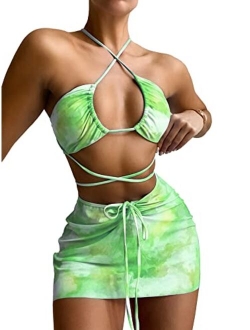 Women's 3 Pack Criss Cross Halter Cheeky Bathing Suit with Beach Skirt