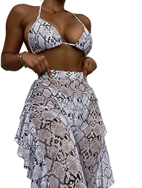 Romwe Women's 3 Pack Criss Cross Halter Cheeky Bathing Suit with Beach Skirt