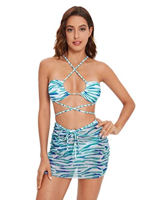 Romwe Women's 3 Pack Criss Cross Halter Cheeky Bathing Suit with Beach Skirt