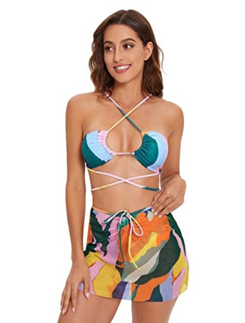 Romwe Women's 3 Pack Criss Cross Halter Cheeky Bathing Suit with Beach Skirt