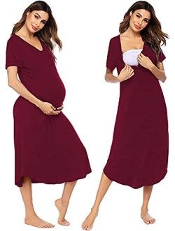 Maternity Nursing Nightgown Womens Short Sleeve V-Neck Breastfeeding Sleep Dress Long Gown for Pregnant