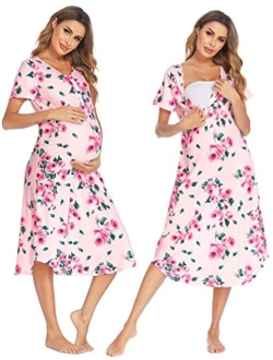 Maternity Nursing Nightgown Womens Short Sleeve V-Neck Breastfeeding Sleep Dress Long Gown for Pregnant