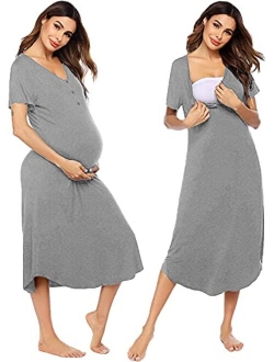 Maternity Nursing Nightgown Womens Short Sleeve V-Neck Breastfeeding Sleep Dress Long Gown for Pregnant