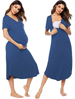 Maternity Nursing Nightgown Womens Short Sleeve V-Neck Breastfeeding Sleep Dress Long Gown for Pregnant