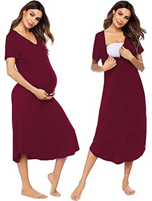 Ekouaer Maternity Nursing Nightgown Womens Short Sleeve V-Neck Breastfeeding Sleep Dress Long Gown for Pregnant