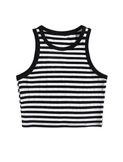 Women's Rainbow Striped Sleeveless Round Neck Ribbed Tank Crop Top Vest