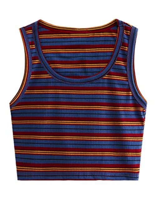 Romwe Women's Rainbow Striped Sleeveless Round Neck Ribbed Tank Crop Top Vest