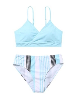 Girl's 2 Piece Bathing Suit Swimsuit Sport Solid High Waist Bikini Set