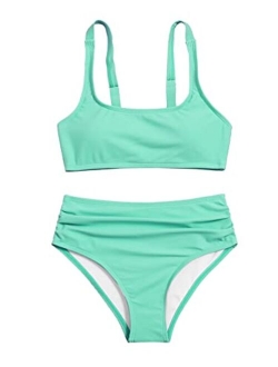 Girl's 2 Piece Bathing Suit Swimsuit Sport Solid High Waist Bikini Set