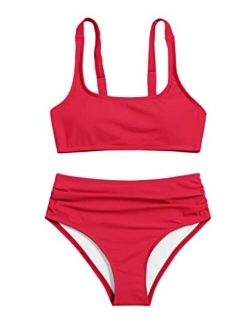 Girl's 2 Piece Bathing Suit Swimsuit Sport Solid High Waist Bikini Set