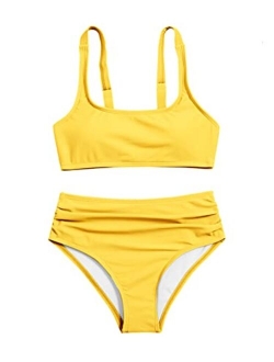 Girl's 2 Piece Bathing Suit Swimsuit Sport Solid High Waist Bikini Set