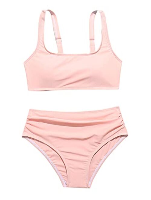 Romwe Girl's 2 Piece Bathing Suit Swimsuit Sport Solid High Waist Bikini Set