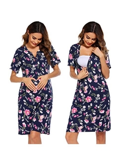 Women Short Sleeve Striped Nursing Nightgown Breastfeeding Sleep Dress