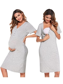 Women Short Sleeve Striped Nursing Nightgown Breastfeeding Sleep Dress