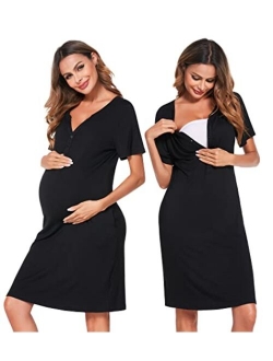 Women Short Sleeve Striped Nursing Nightgown Breastfeeding Sleep Dress