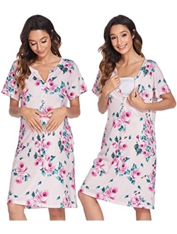 Women Short Sleeve Striped Nursing Nightgown Breastfeeding Sleep Dress